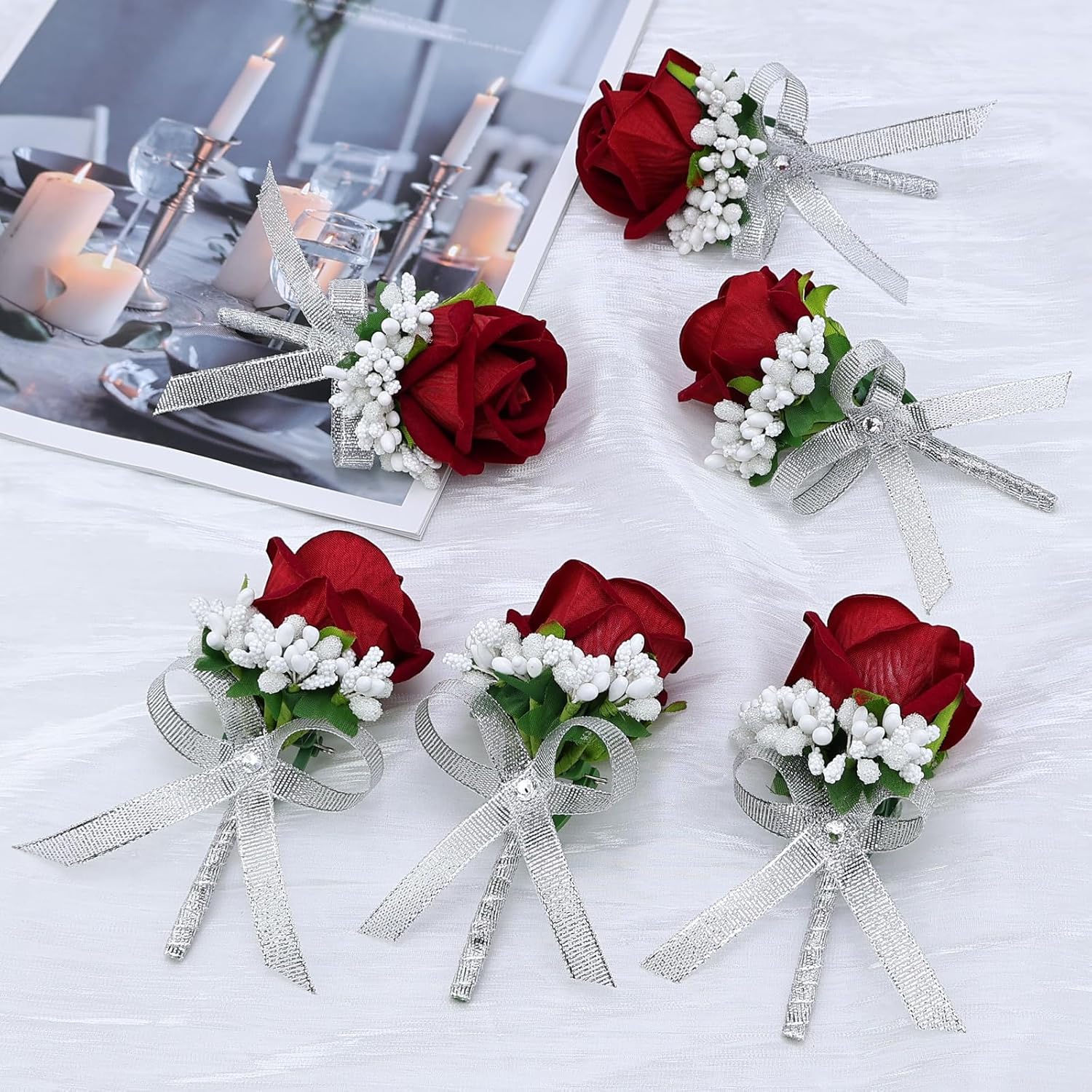 Set Of 6 Red Rose Boutonniere For Men, Groom And Best Man Artificial Flowers Boutonnieres, For Wedding Ceremony Formal Dinner Prom Party