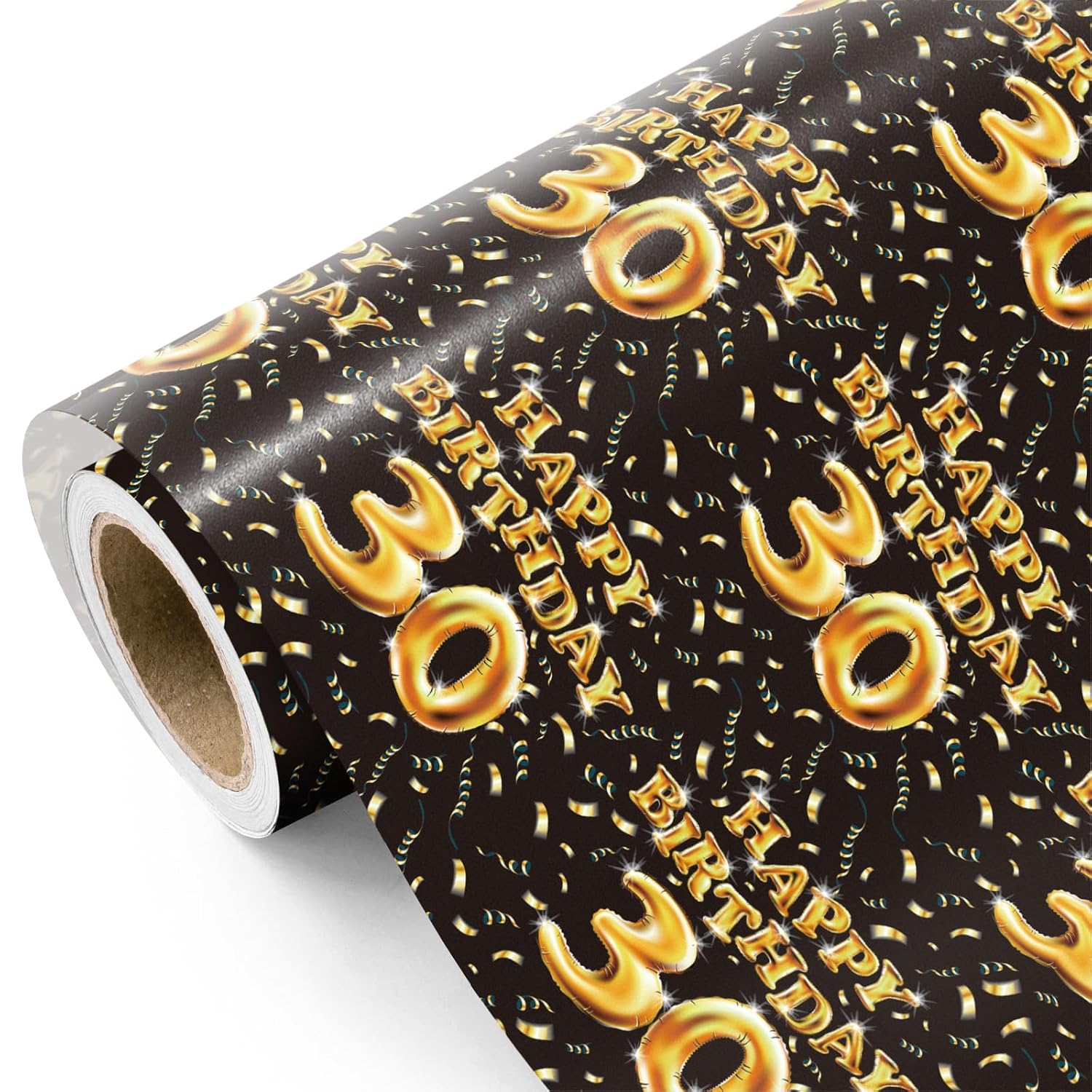 30Th Birthday Wrapping Paper Roll - Mini Roll - 17 Inch X 16.5 Feet - Black And Gold Balloons Happy Birthday Wrapping Paper Perfect For Man, Party, Holiday