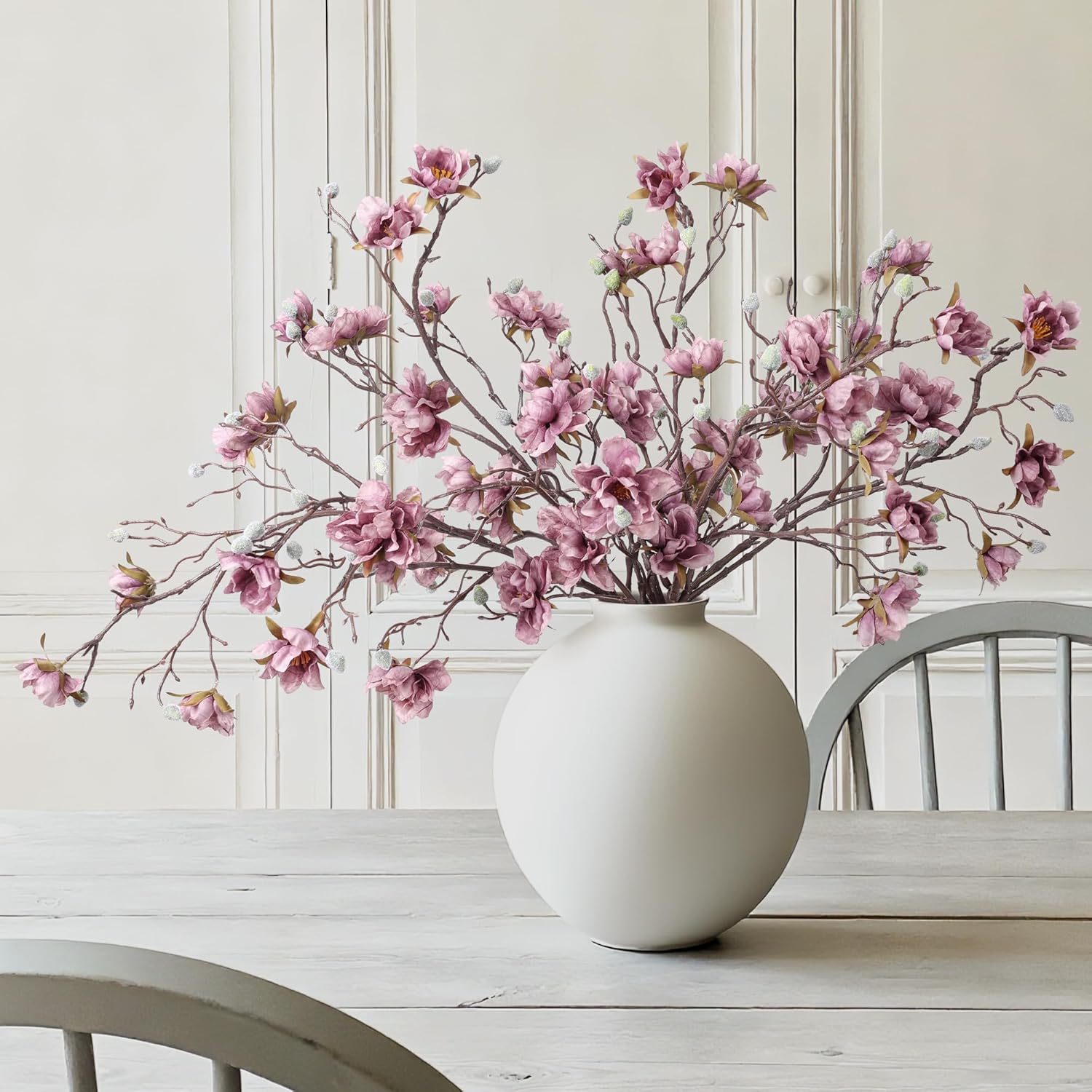 3Pcs Artificial Magnolia Flowers Stems For Spring Decoration, Faux Purple Magnolia Branches With Buds, 34.5" Long Stems Floral Arrangement For Vase Pot Table Centerpiece Indoor Decor