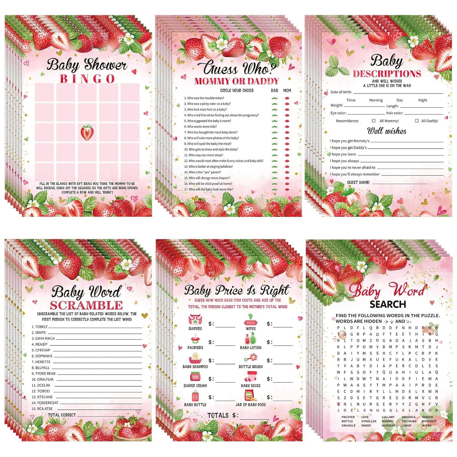 320 Pcs Strawberry Baby Shower Games Includes 6 Games Each 50 Sheets With 20 Pencils Includes Baby Descriptions And Wishes Game Guess Who Bingo Word Search