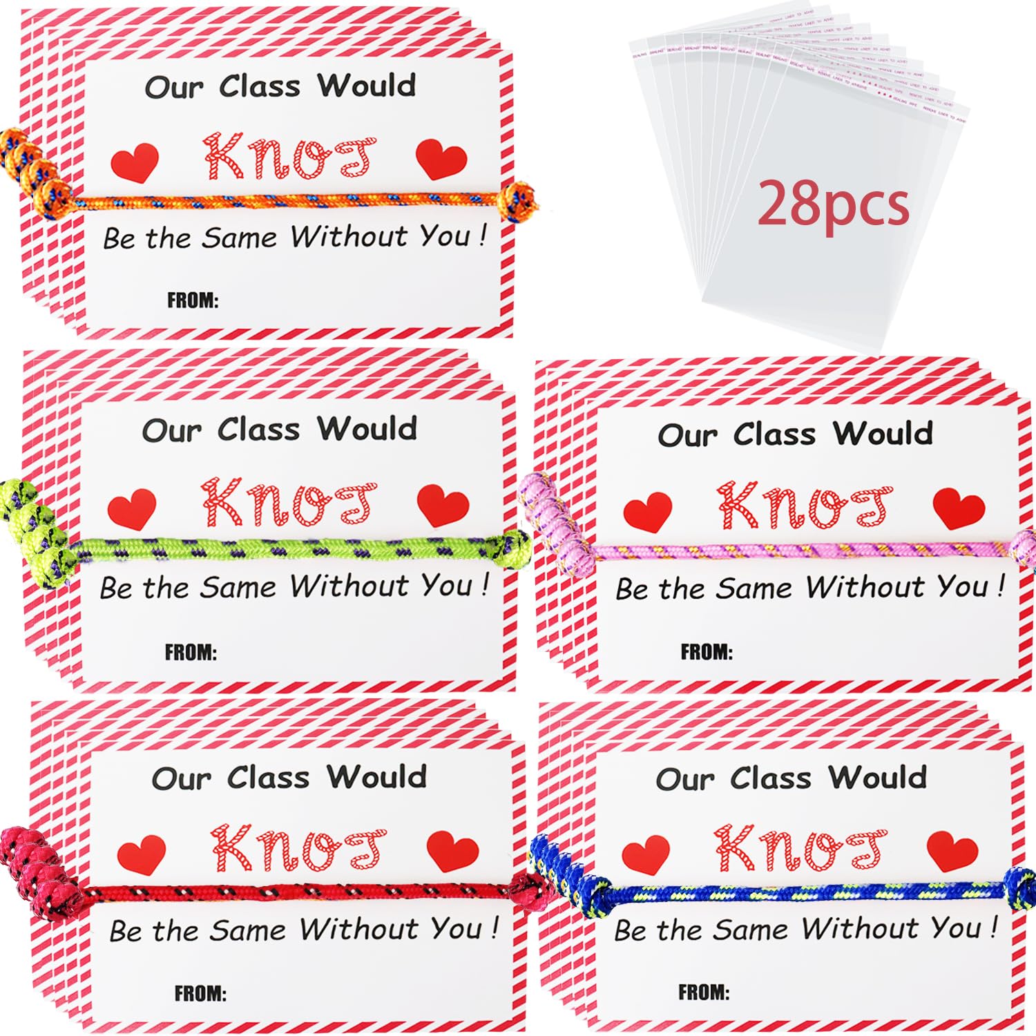 28Pcs Valentines Friendship Bracelets With Card And Bag, Valentines Knot Bracelets For Students From Teacher, Classroom Valentine Exchange Gifts For Kids Students School Party Favors