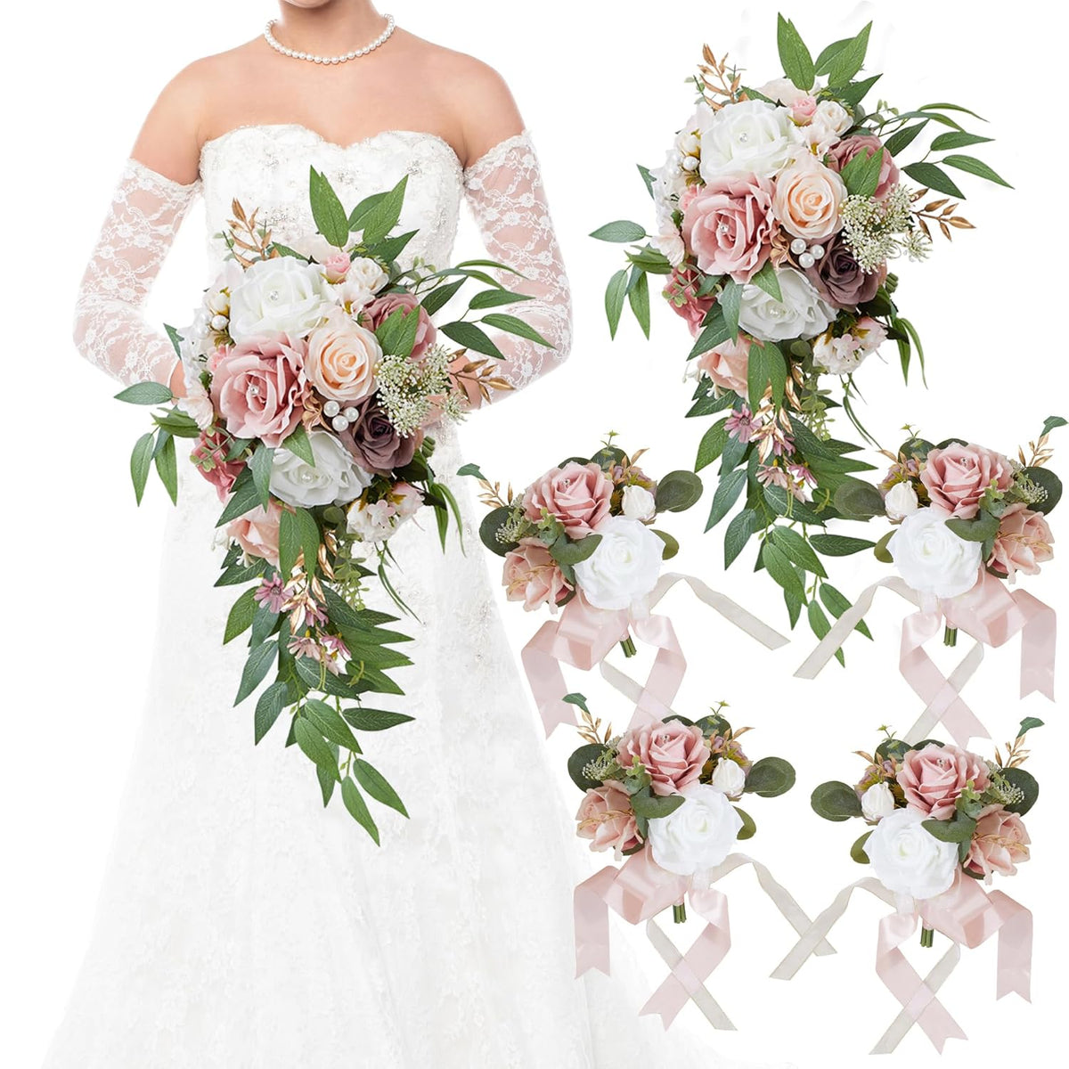 Wedding Bouquets For Bride, Set Of 5, Bridesmaid Bouquet Artificial Flower Bridal Bouquet For Wedding Ceremony Anniversary (Dusty Rose)