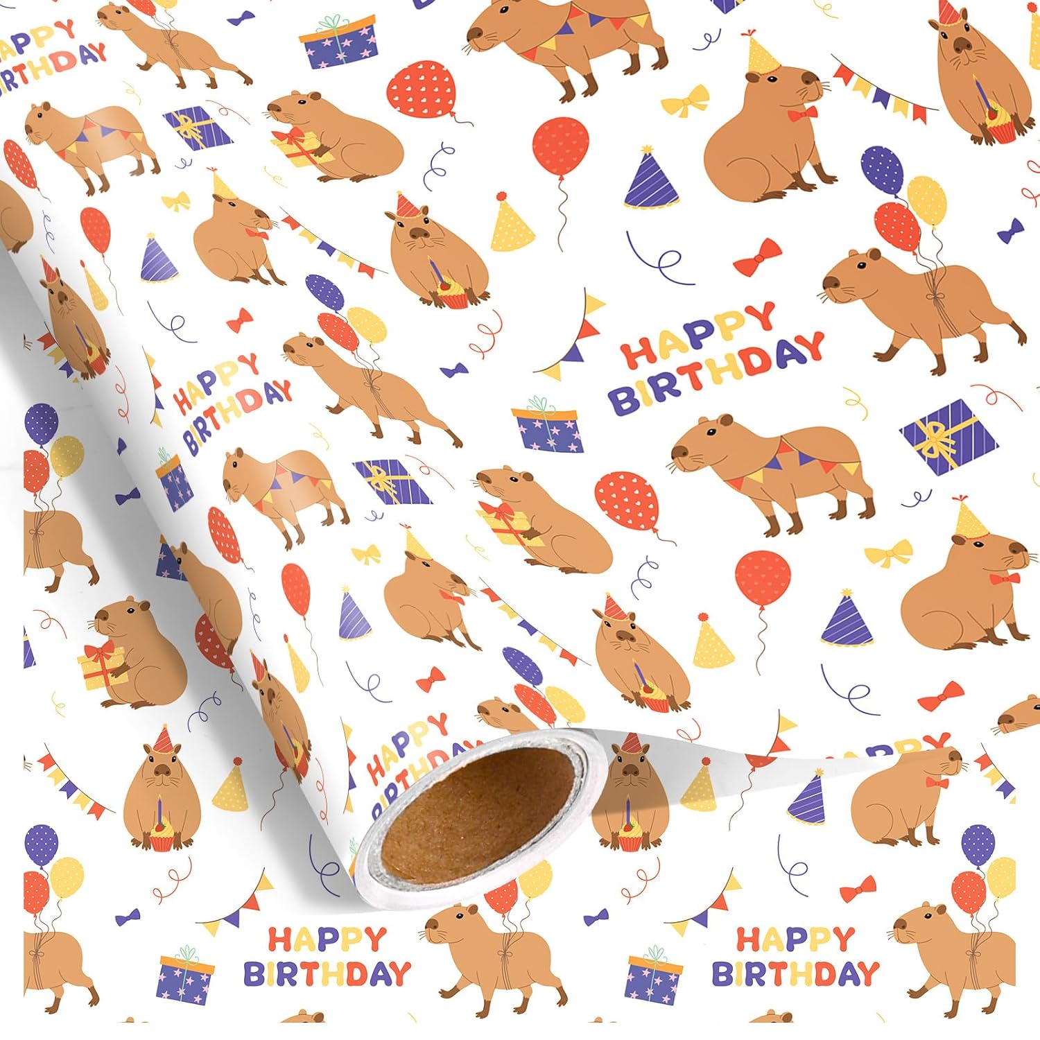 Capybara Birthday Wrapping Paper Roll, Happy Birthday Wrapping Paper For Kids, Cute Capybara Gift Wrap For Boys Girls Kids Holiday Baby Shower Party Supplies, 17 Inch × 16.4 Feet
