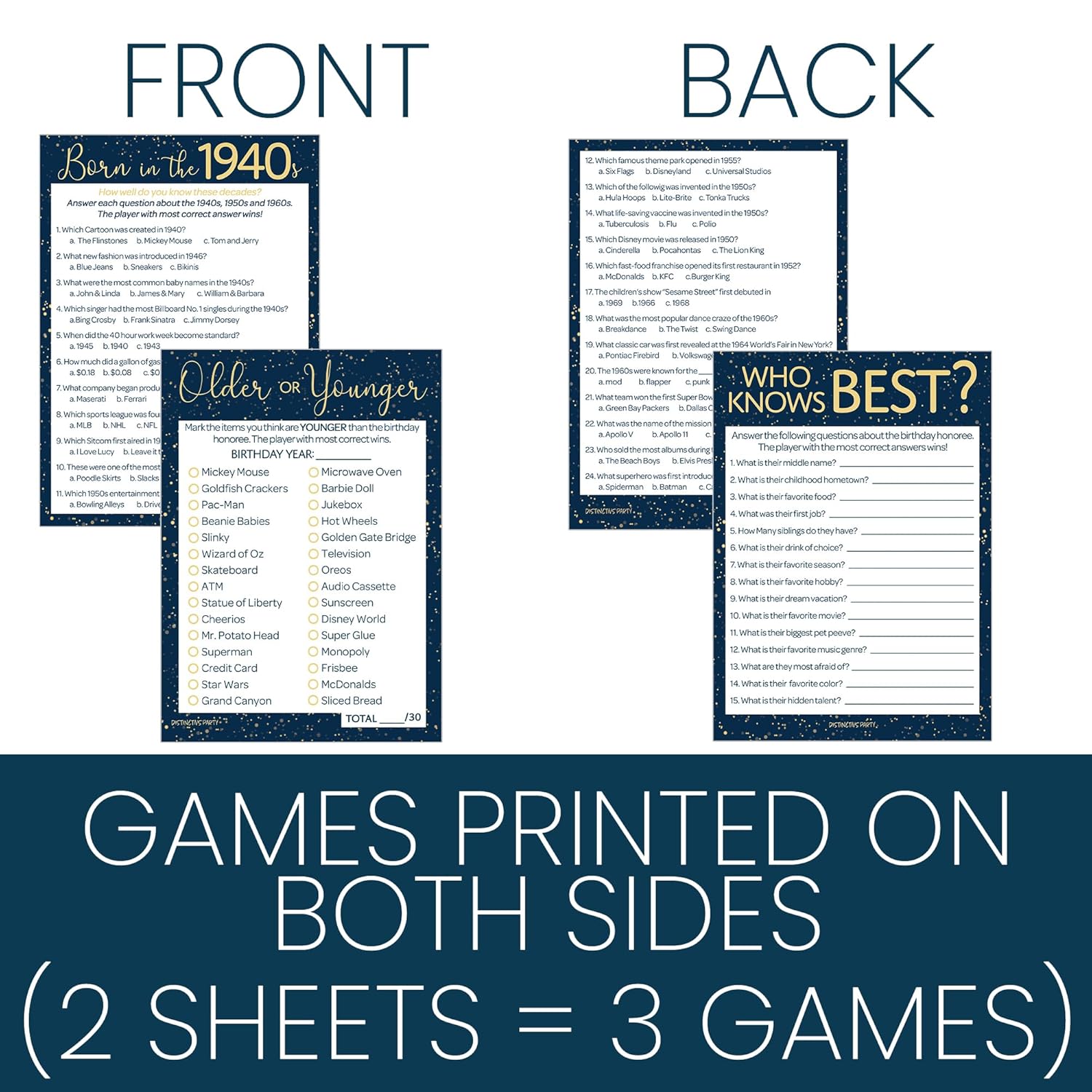 Blue And Gold 80Th Birthday Party Games Bundle - Set Of 3 Birthday Games For Adults - 20 Guests, Born In The 1940S Theme
