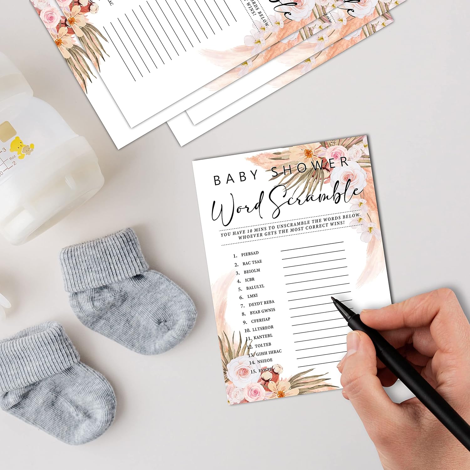 30 Boho Floral Baby Shower Games With 1 Answer Card (5"X7") - Word Scramble Game - Boho Floral Baby Gender Reveal Party Games - Boho Theme Gender Neutral Party Favors And Supplies (H03)