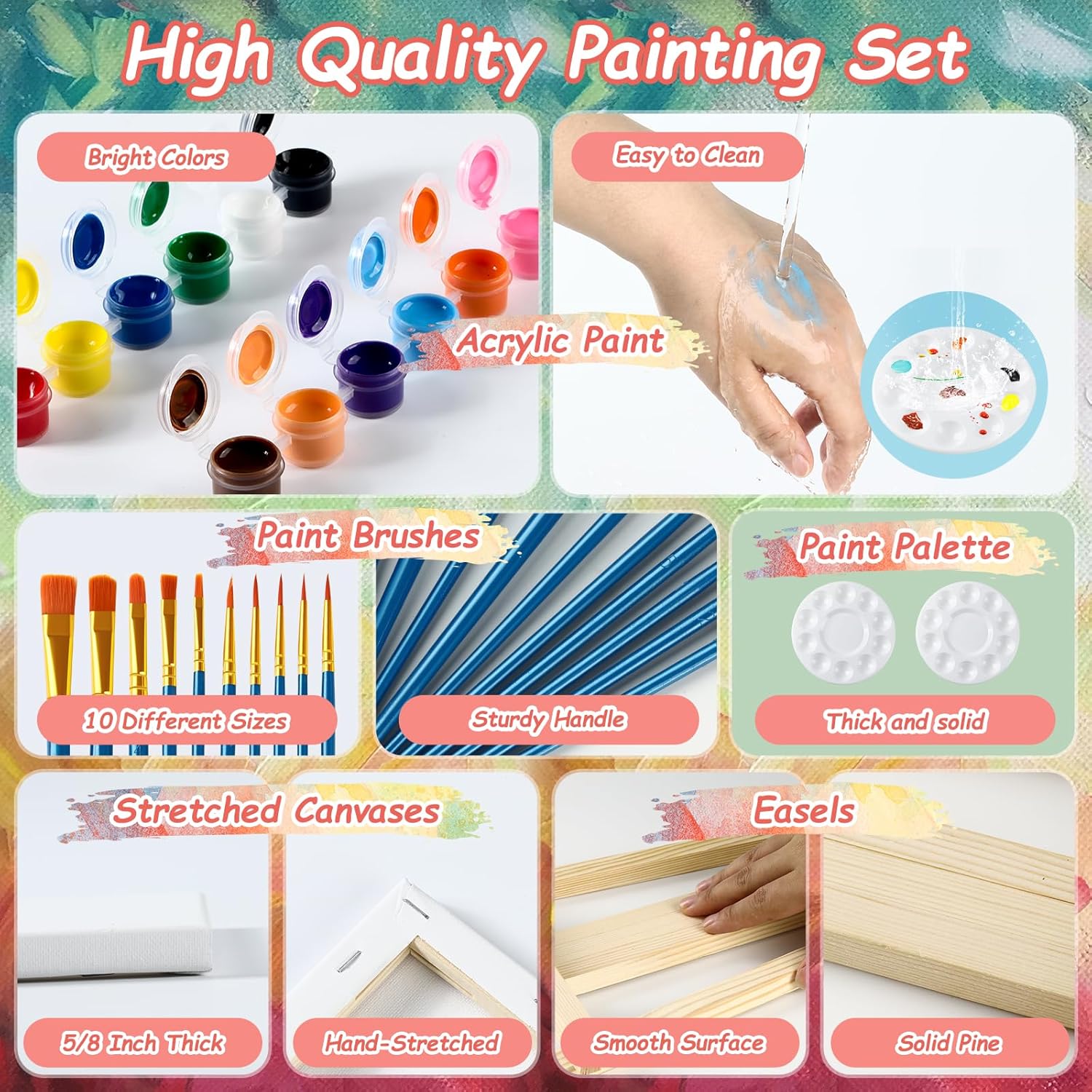 Acrylic Paint Set For Adults&Kids 90 Pcs Painting Supplies (12 Colors Acrylic Paint +12Inch Easels+8X10 Canvases+Brushes+Palettes)Paint Kits For Paint And Sip,Couples Painting Parties,Class...