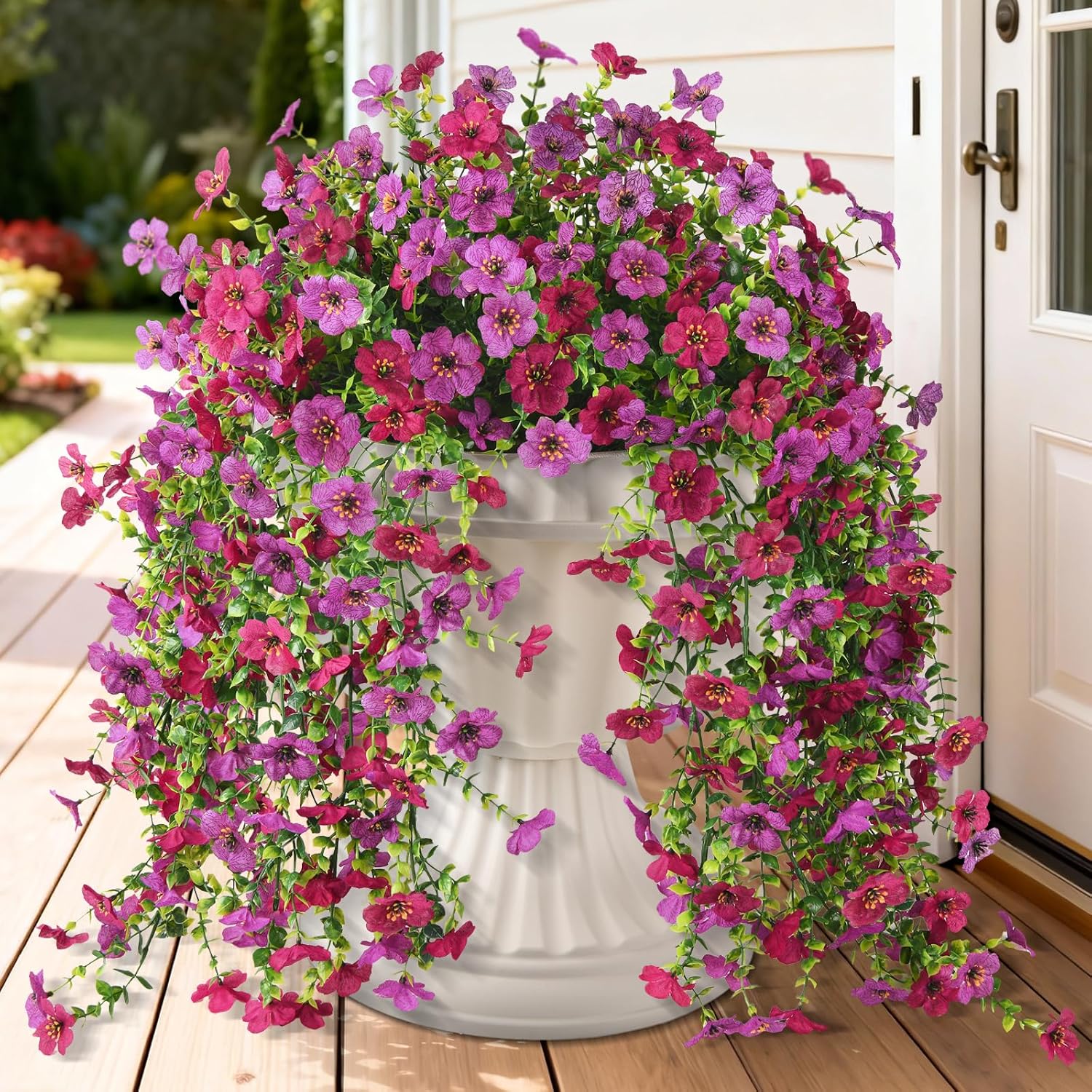 Artificial Hanging Flowers For Outdoor, 2Pcs Fake Flowers Faux Silk Daisy With Eucalyptus Leaves, Uv Resistant Aritificial Flowers For Spring Home Patio Yard Porch Decor (Light Purple Red)