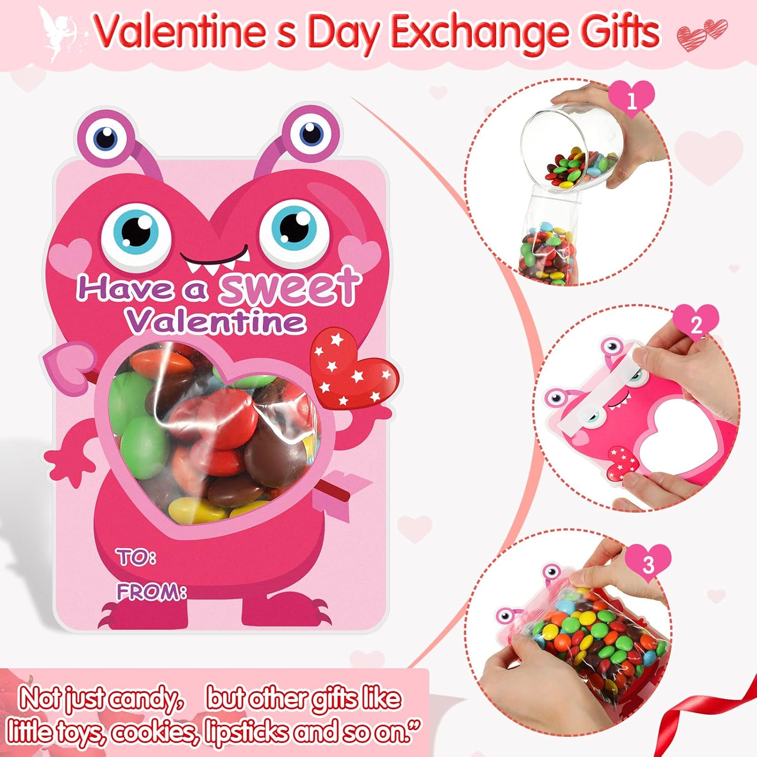 60 Pack Valentine S Day Gift Cards Kids Cute Monster Theme With Hollow Valentine'S Greeting Gift Set For Kids Friendship School Classroom Exchange Gifts Party Favor Candy Not Included