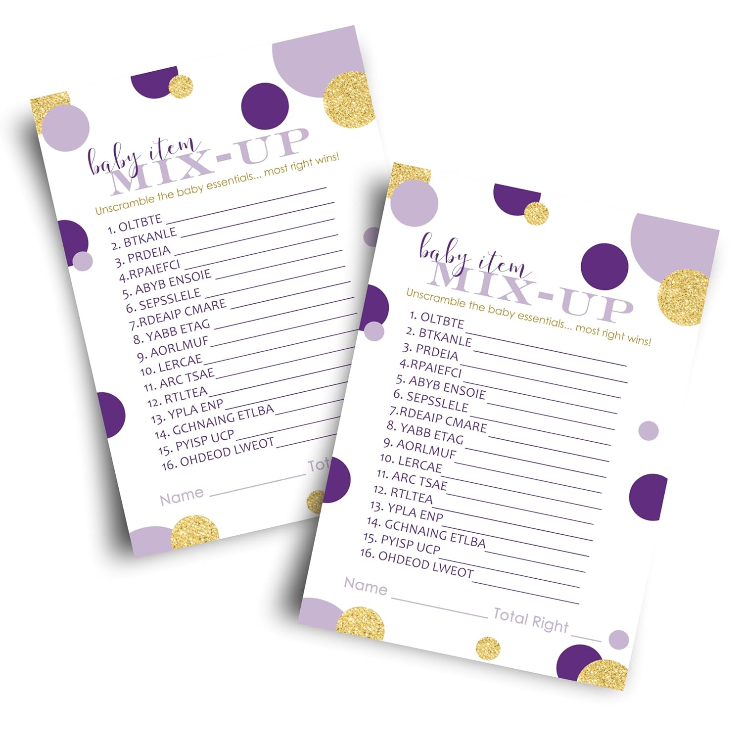 Purple And Gold Baby Shower Games - Word Scramble Game For Girls Or Boys - Fun Gender Reveal Activity With Prizes - Prince Or Princess Theme - 25 Pack, Royal Mermaid Design