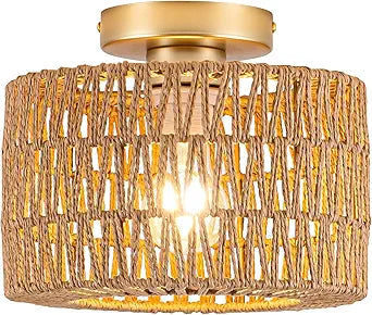 Boho Woven Flush Mount Ceiling Light Gold Finish Modern Rattan Ceiling Fixture