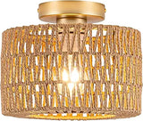 Boho Woven Flush Mount Ceiling Light Gold Finish Modern Rattan Ceiling Fixture