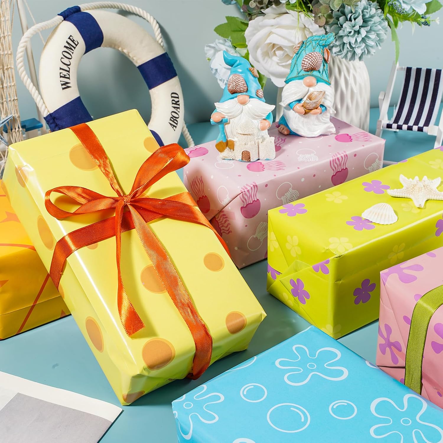 12 Sheets Cartoon Sponge Wrapping Paper Yellow Cartoon Party Decoration - Not Roll - Flower Bubble Under The Sea Gift Wrap Paper Folded Flat For Diy Crafts Birthday Ocean, 19.7 X 27.6 Inch