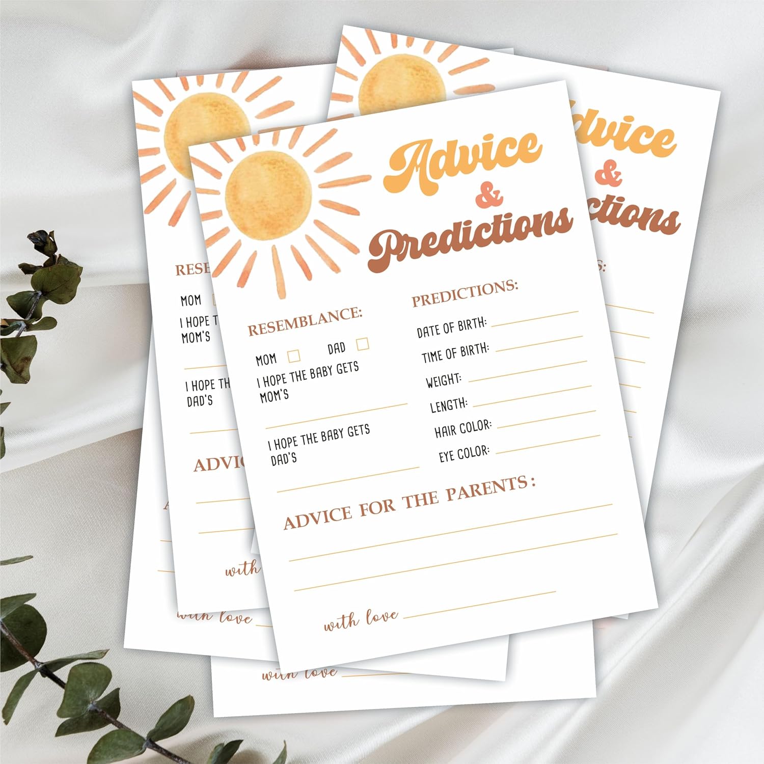 Prediction & Advice Game Set For Baby Shower - Watercolor Sunshine - 30 Double-Sided Fill In Style Game Cards For Gender Reveal, Baby Announcement, Party Favor & Supplies - B01