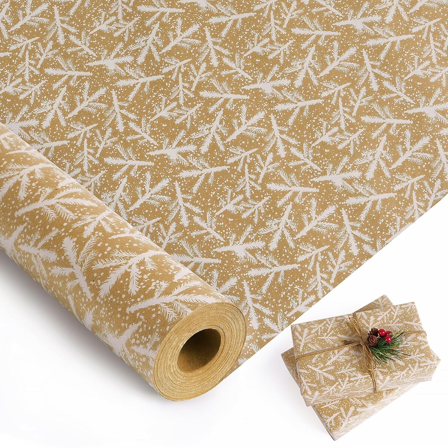Christmas Wrapping Paper Roll, Brown Kraft Christmas Wrapping Paper With White Pine Branch Design, Retro Classic Gift Wrapping Paper For Xmas New Year Winter Holiday, 17 Inch X 49 Feet