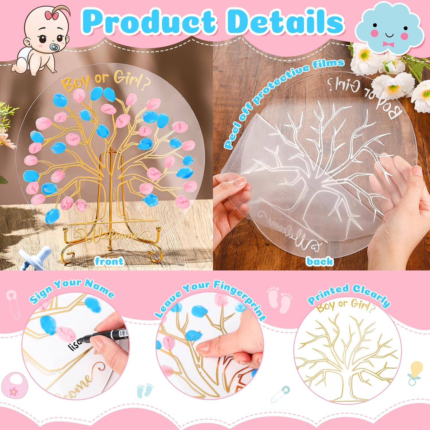 Gender Reveal Fingerprint Tree Boy Or Girl Party Ideas Baby Shower Guest Book Party Game Gender Reveal Decoration Supplies Baby Shower Sign In For He Or She Keepsake(Classic)