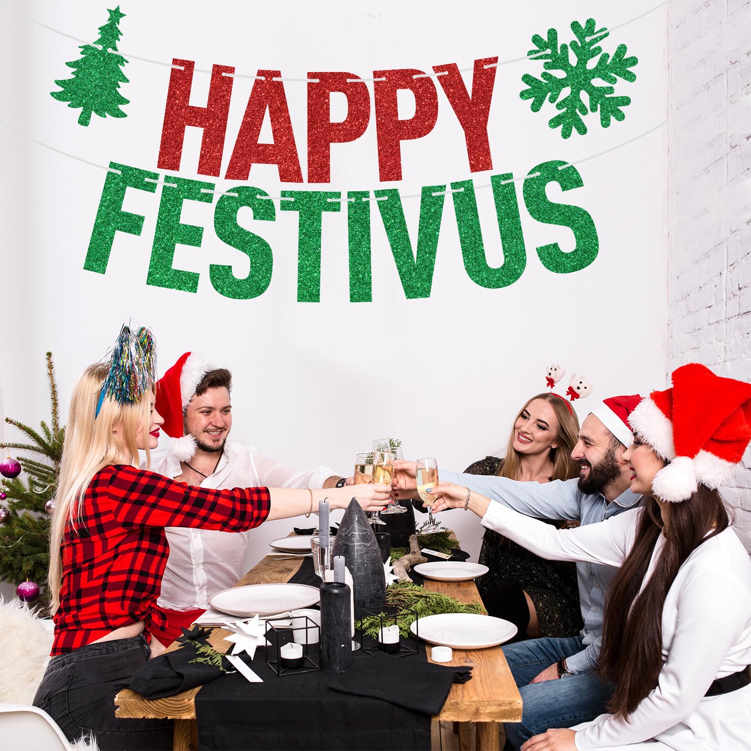 Red Glitter Happy Festivus Banner, Merry Christmas/Feliz Navidad, Spanish Christmas New Year Holiday Party Decorations Supplies