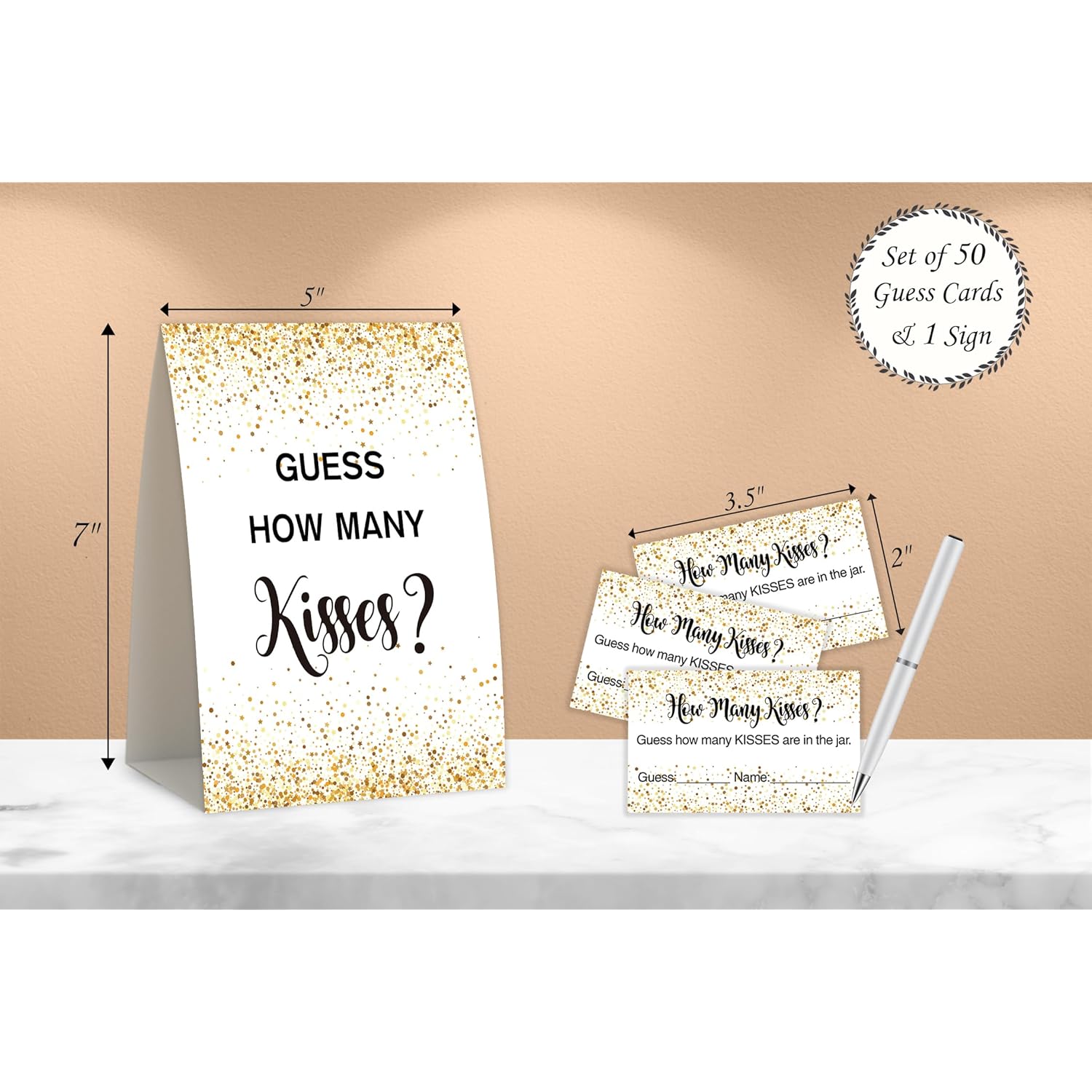 Gold Polka Dot Confetti Design How Many Kisses Bridal Shower Game,Bridal Shower Decorations,Popular Bridal Shower Games,Engagement Party Game,Set Including 1 Sign And 50 Guessing Cards-07
