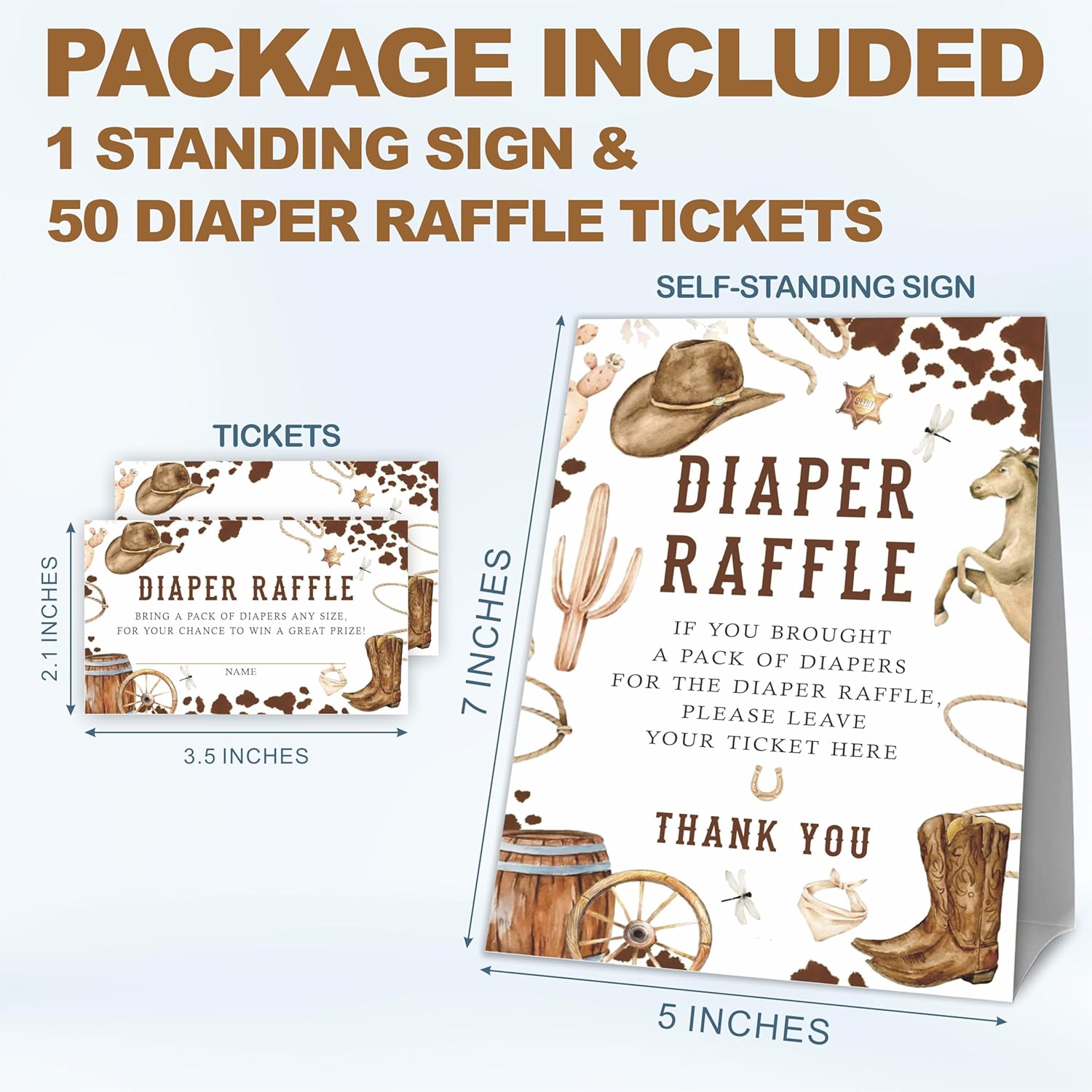 Diaper Raffle Baby Shower Game Kit - Western Cowboy - 1 Standing Sign + 50 Tickets - Gender Reveal Games, Announcement, Shower Party Decoration & Supplies - A04