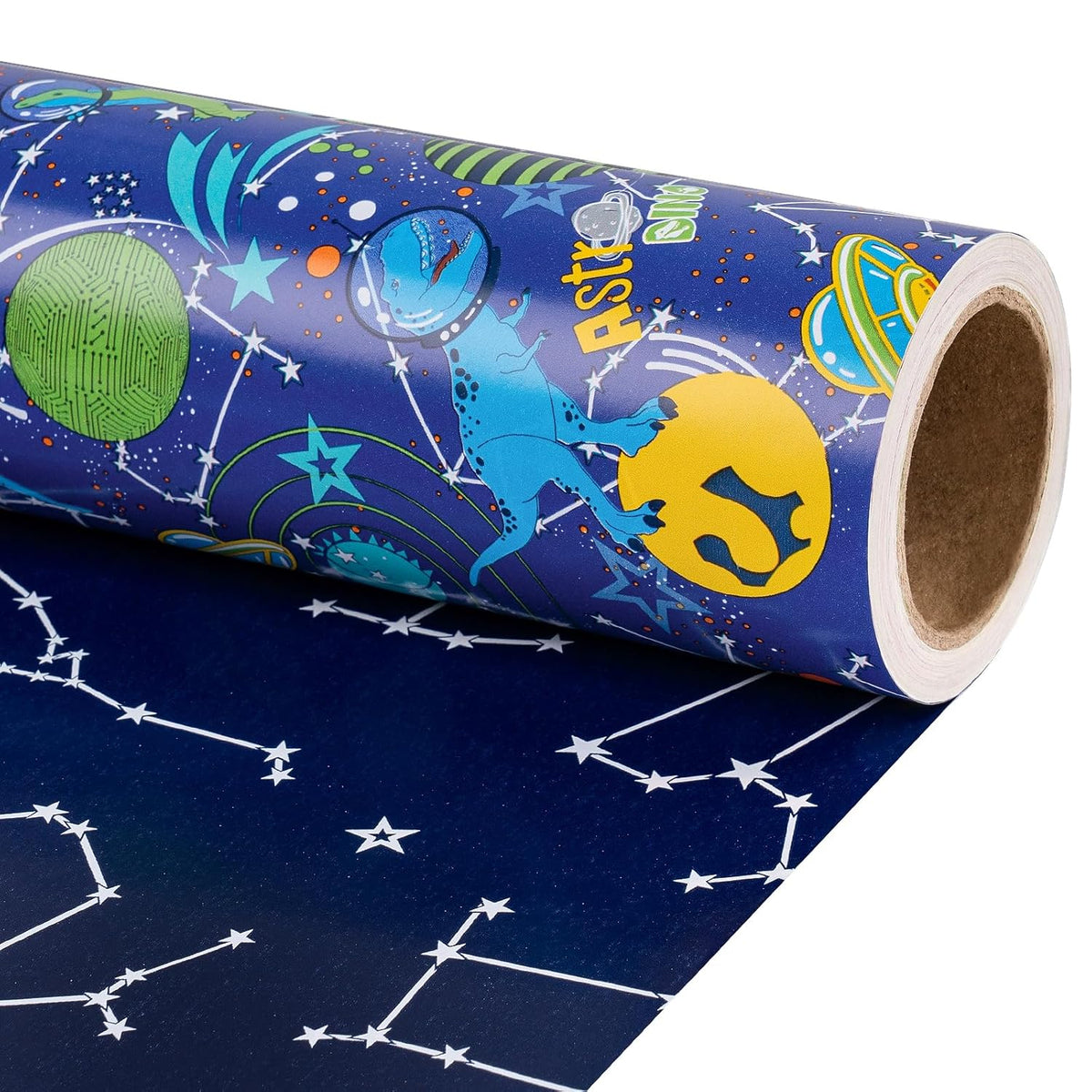 Reversible Birthday Dinosaur Wrapping Paper Roll, Mini Roll, Blue Astro Dinosaur, Planets And Constellation Pattern Gift Wrap Paper For Kids Boys Birthday, Space Party, 17 Inches X 16.4 Feet