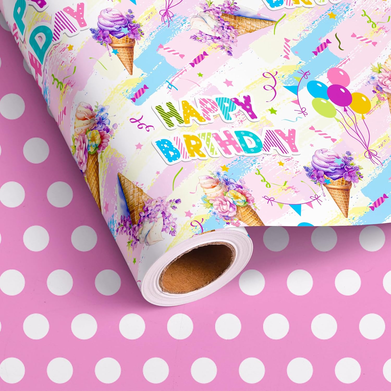 Reversible Ice Cream Wrapping Paper Roll For Kids Girls Women - 17 Inch X 20 Feet - Pink Summer Happy Birthday And Polka Dot Design Gift Wrap For Baby Shower Party Total 28.5Sq.Ft