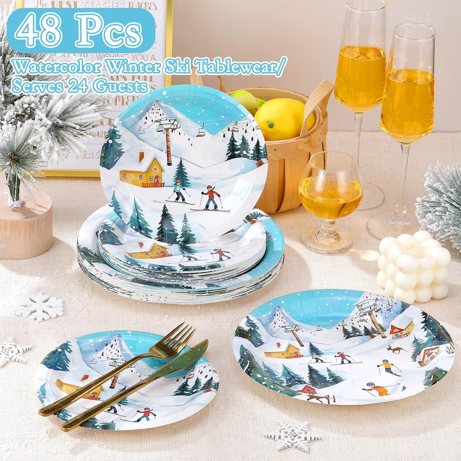 48 Pcs Skiing Paper Plates Set Ski Birthday Party Decorations Include 9" 7" Winter Wonderland Ski Disposable Plates Skier Snow Decorative Dinner Tableware For Christmas Party Supplies