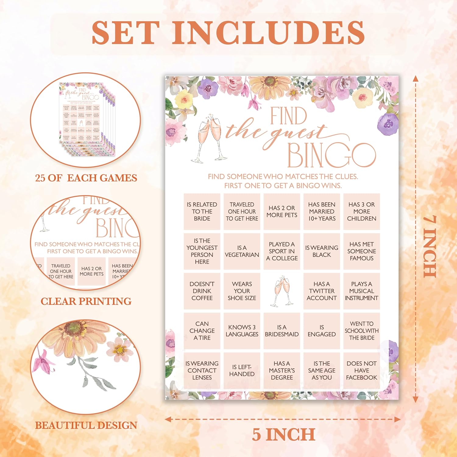 Wildflowers Wedding Games - Find The Guest Bingo For 25 Guests - 5X7 Inches, 25 Count - Adults Only