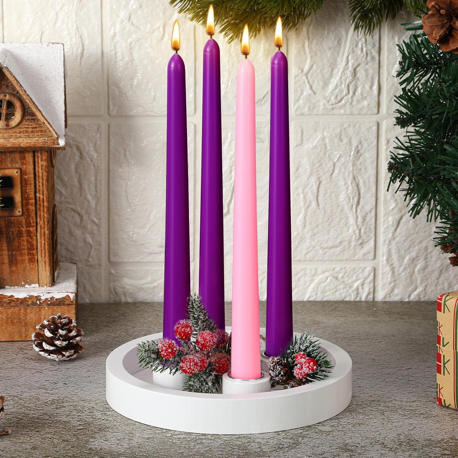 7 Inch Christmas Advent Candle Holder With 12 Taper Candles Candlestick Advent Wreath Candleholder Tray For 4 Candles Christmas Table Centerpiece Party Decorations(White,Classic)