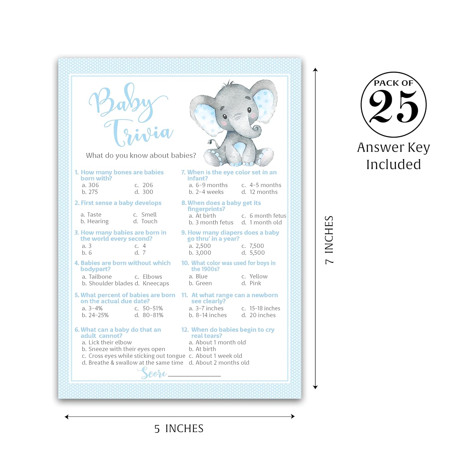 Blue Elephant Baby Shower Games — Baby Trivia Game — Pack Of 25 — Boy Shower Activity, Fun Facts, Little Peanut Couples Shower Birthday Party G501-Trv