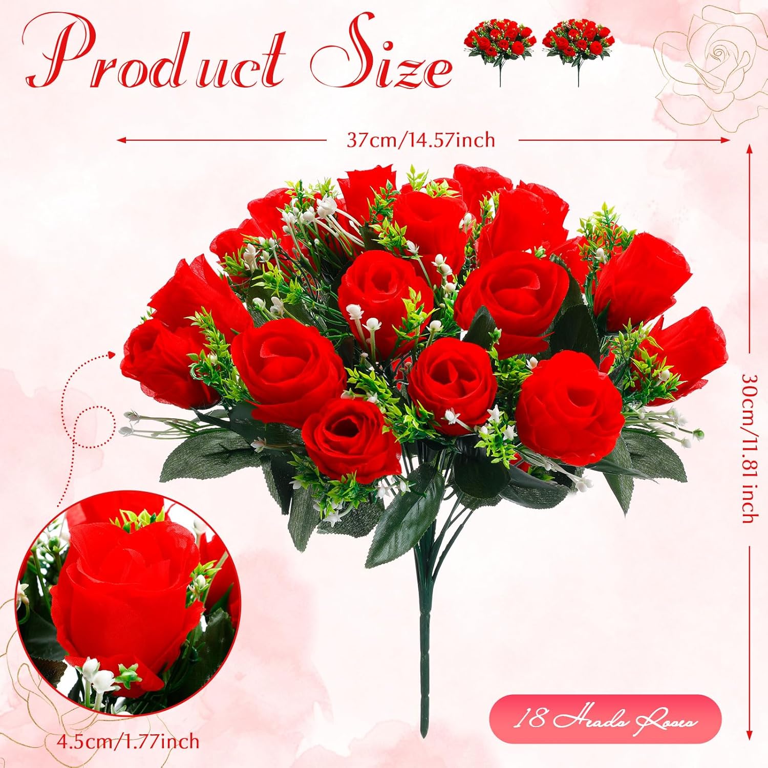 2 Bouquets Christmas Cemetery Flowers For Grave Memorial 18 Heads Artificial Flowers Cemetery Day Silk Grave Faux Roses Arrangements For Christmas Headstones Tombstone Decor(Red)