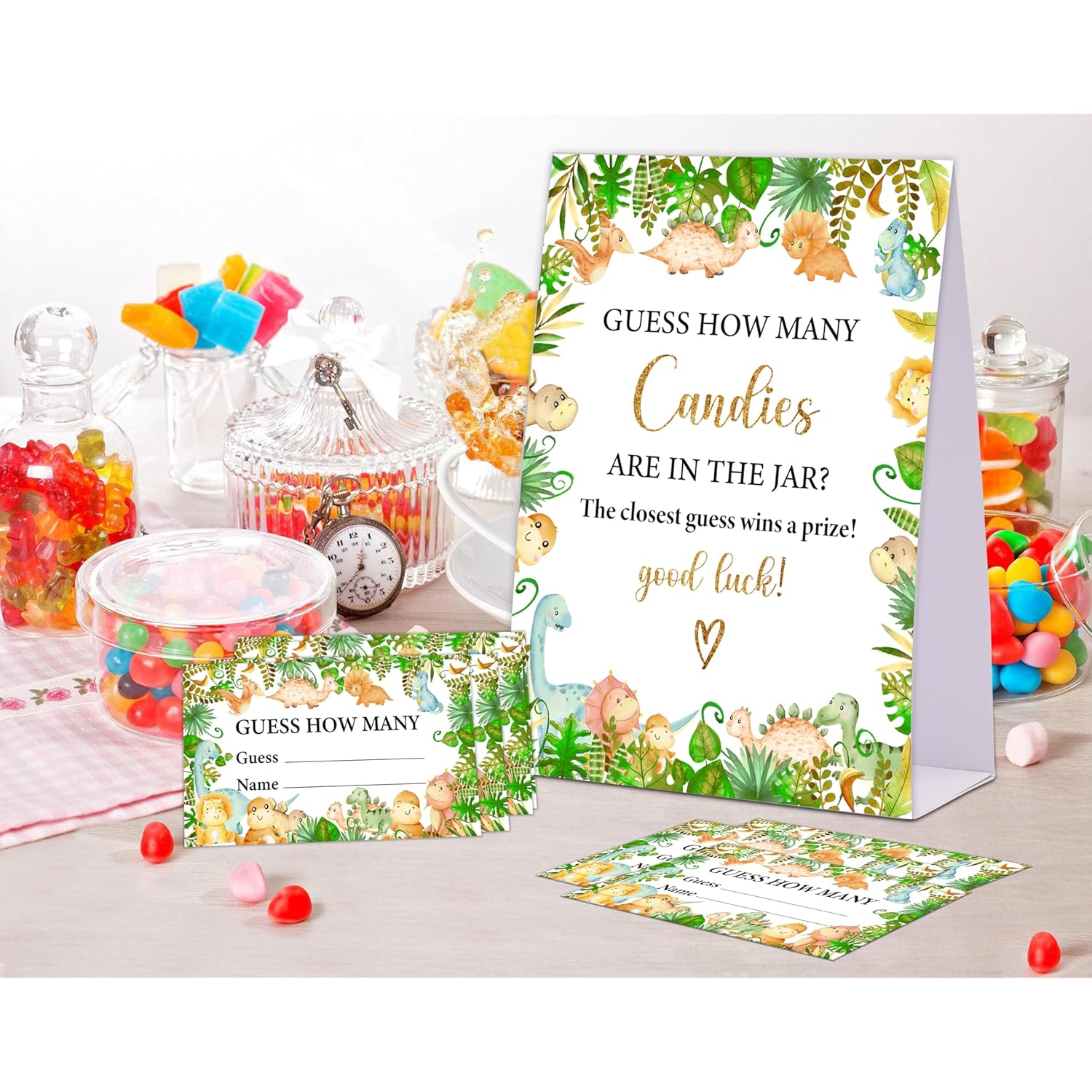 Dinosaur Baby Shower Game, Guess How Many Candies Are In The Jar, Pack Of 1 Sign And 50 Guessing Cards, Baby Shower Decoration, Gender Neutral - 12