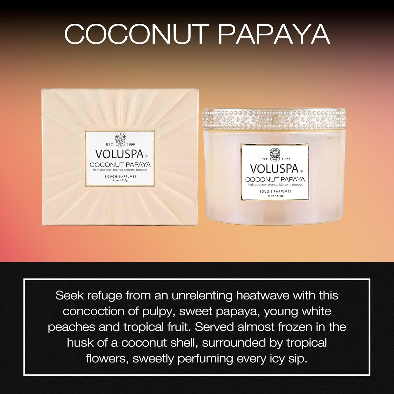 Voluspa Coconut Papaya, Corta Maison Boxed Candle, 11 oz, 45 Hour Burn Time, Coconut Wax for Clean Burning, Handcrafted in The USA