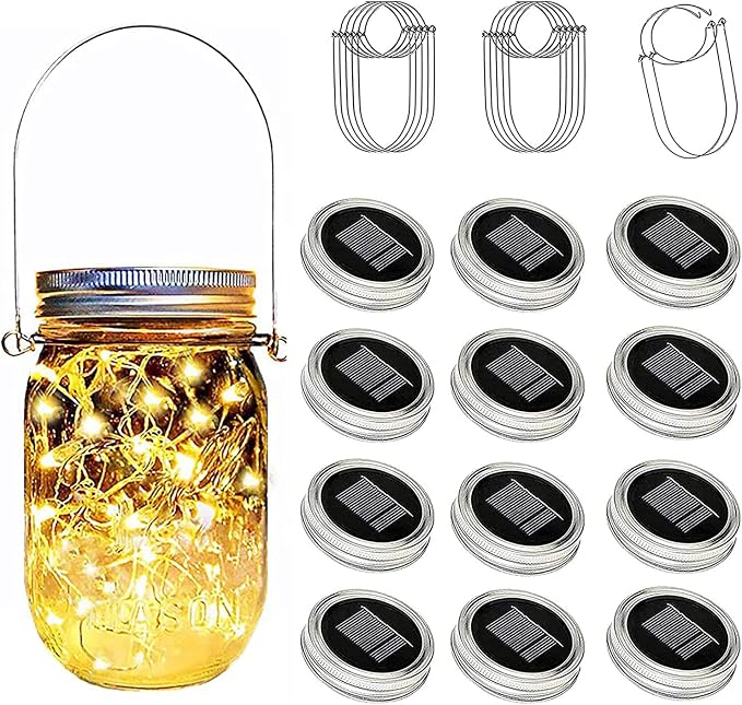 12 Pack Solar Mason Jar Lights Lids 30 LED Fairy Lights Warm White Firefly Lights for Patio Garden Outdoor Decor