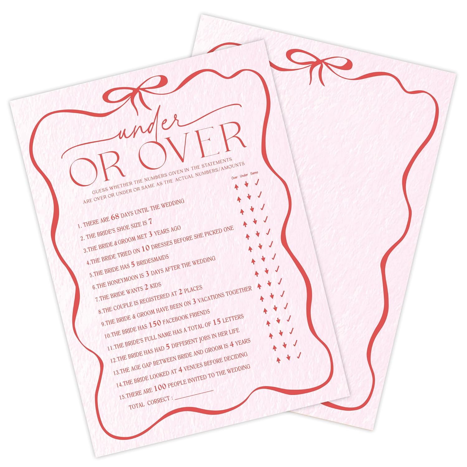5" X 7" Pink Bow Bridal Shower Game Cards - Under Or Over - 30Pcs Double-Sided Fill-In Wedding Game Cards, Engagement & Wedding Party, Activities & Decor- A04