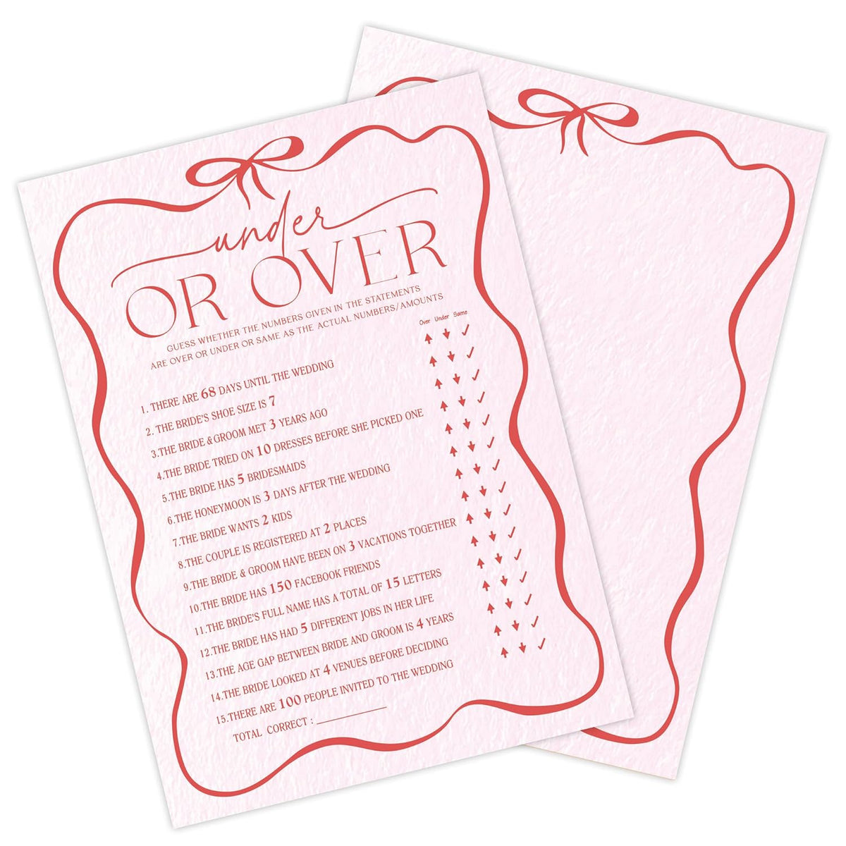 5" X 7" Pink Bow Bridal Shower Game Cards - Under Or Over - 30Pcs Double-Sided Fill-In Wedding Game Cards, Engagement & Wedding Party, Activities & Decor- A04