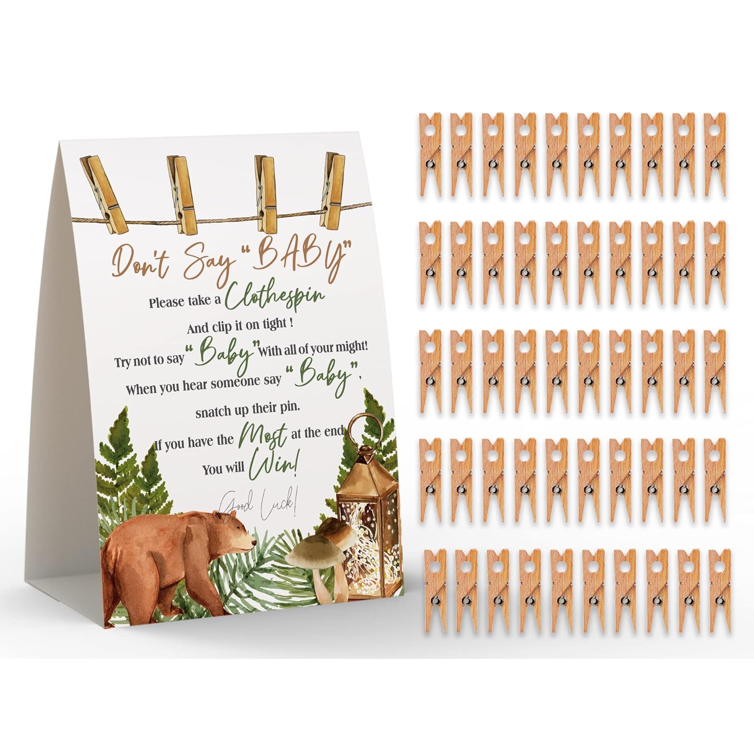 Don'T Say Baby Sign, Baby Shower Clothespin Game, Includes A 5X7 Standing Sign And 50 Mini Natural Clothespins - 040