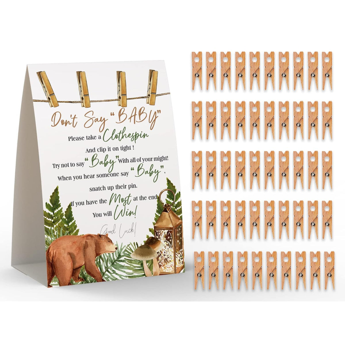 Don'T Say Baby Sign, Baby Shower Clothespin Game, Includes A 5X7 Standing Sign And 50 Mini Natural Clothespins - 040