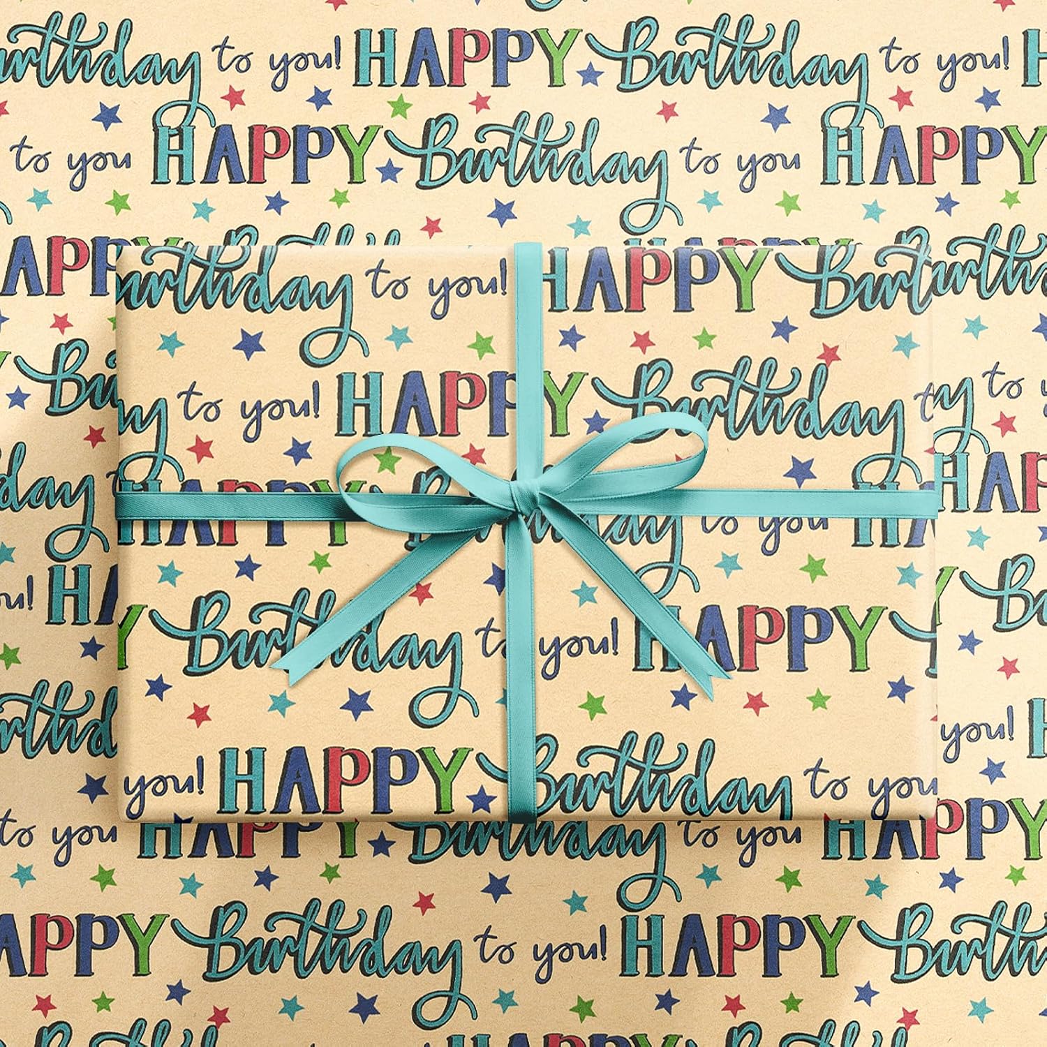 Birthday Wrapping Paper Roll, Mini Roll, Colorful Happy Birthday Lettering And Star Design, Blue Kraft Gift Wrap Paper For Boys, Girls, Men And Women, 17 Inches X 16.4 Feet
