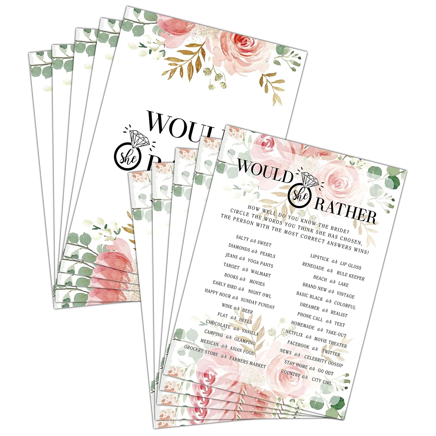 Bridal Shower Game Set - Would She Rather Party Cards For Wedding - Floral Wedding Party Favor Decor - Blush Pink Engagement/Bachelorette Party Games Supplies & Activities - 30 Game Cards(C02)