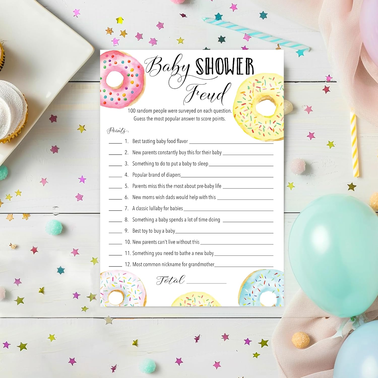 Donut Baby Shower Feud Game — Pack Of 25 — Fun Shower Family Fued Games, Doughnut Theme Shower Activity, Girl Or Boy Gender Neutral Pink Blue Couples Shower Gender Reveal Party G850-Bsf