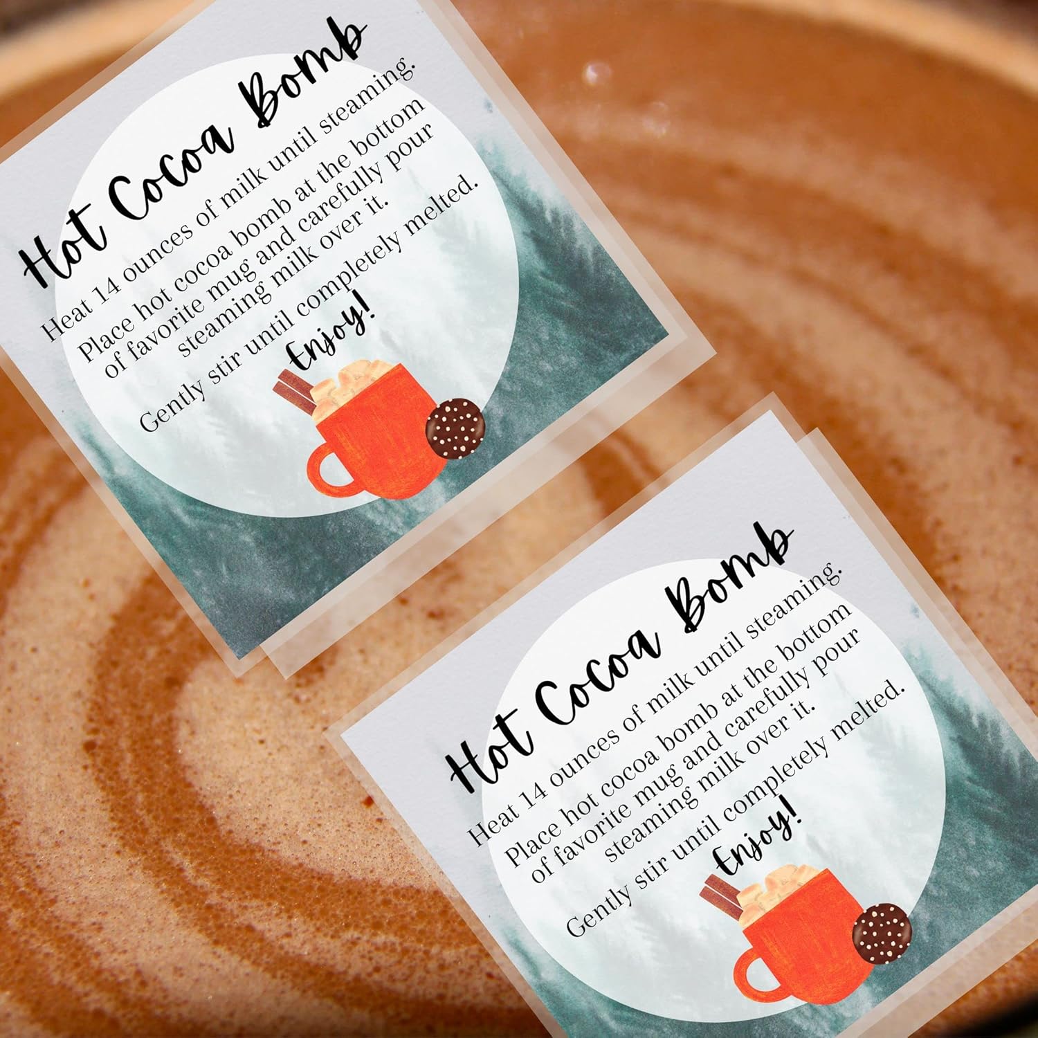 Hot Cocoa Chocolate Bomb Instruction Tags Cards | 50 Pack | 2.5" Inch Square Labels | Hot Cocoa Bomb Supplies | Christmas Holiday Winter Snow