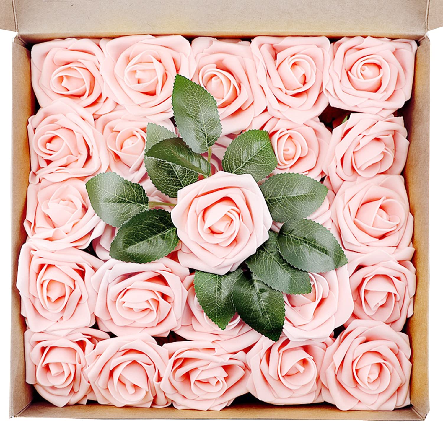 25 Pieces Valentine'S Day Artificial Rose Flowers Decoration Realistic Fake Flowers Faux Foam Blush Pink Roses Bulk With Stem Wedding Diy Craft Bouquets Bridal Party Decor