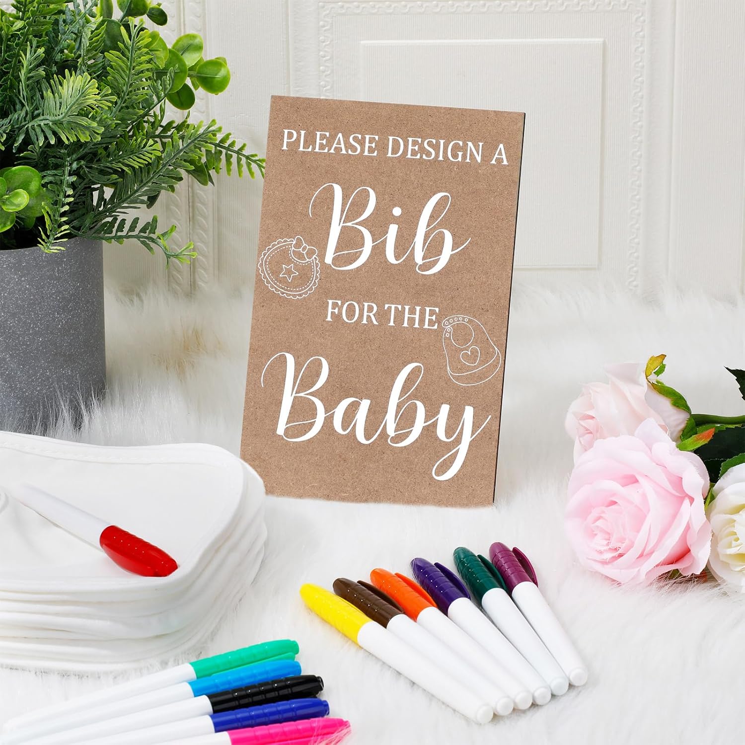 43 Pcs Baby Shower Games White Bibs Design, Include Wooden Baby Shower Game Sign, 30 Diy Blank White Bibs, 12 Markers For Gender Reveal Party Decorating Supplies(Classic Style)