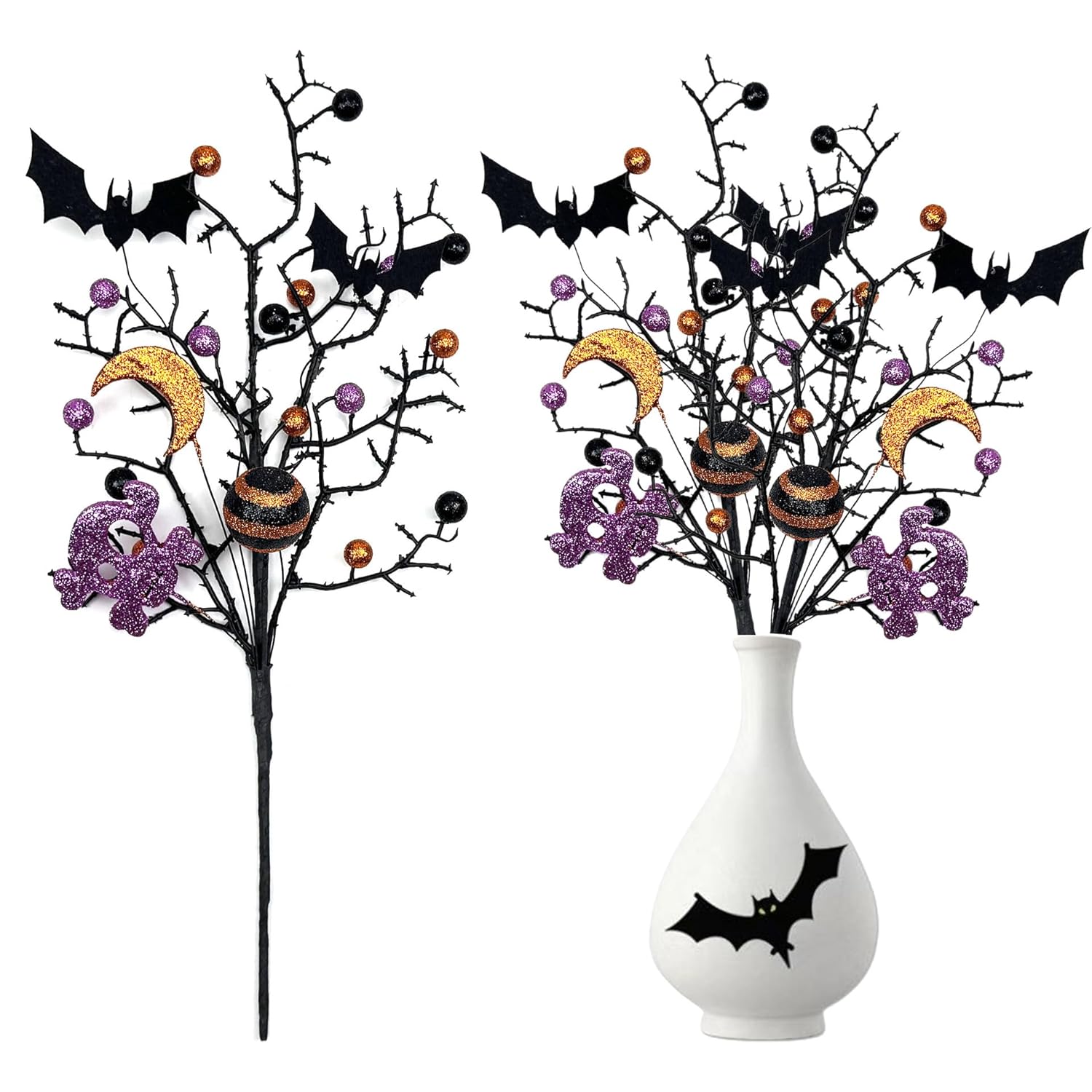 3 Pack Artificial Halloween Floral Picks Purple Orange Black Berry Stems Halloween Tree Branches With Glitter Ball For Halloween Party Flower Arrangement Centerpieces (Black)