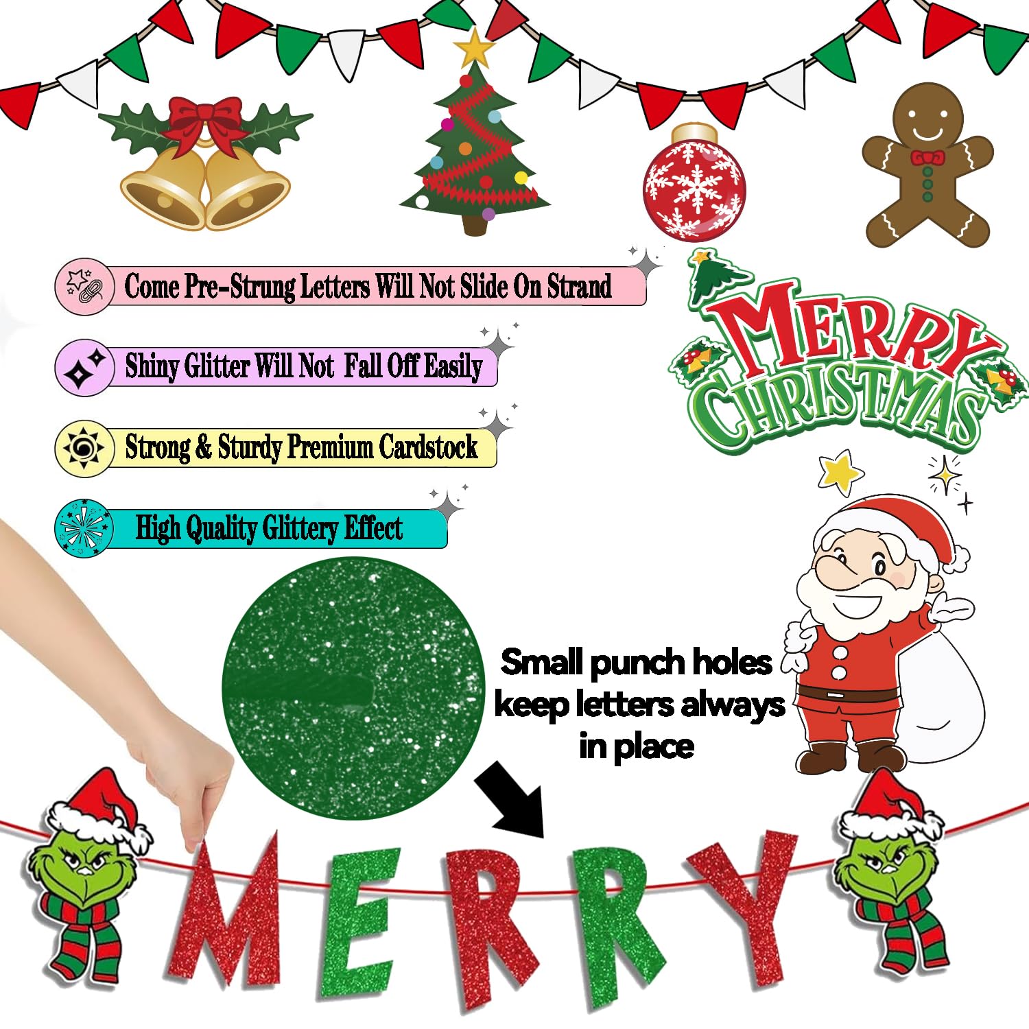 Pre-Strung Merry Grinchmas Banner Decorations For Christmas, Cute Red Green Glittery Grinchmas Banner Sign For Christmas Party Home Office Fireplace Mantel Photo Props Backdrop Decor
