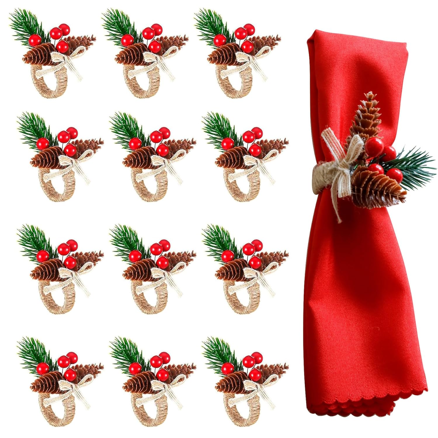 12 Pieces Christmas Napkin Rings - Thanksgiving Napkin Holders Set Of 12 Rustic Wreath Napkin Rings For Xmas