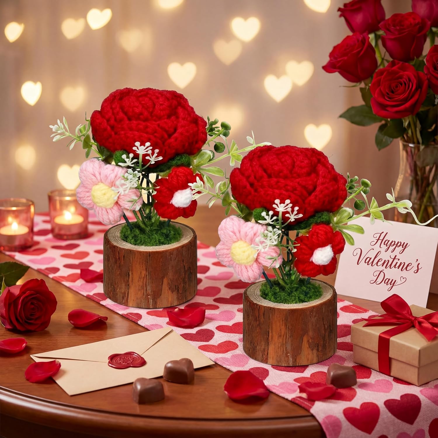 2 Pcs Valentine'S Day Decorations Artificial Potted Flower For Valentines Table Decor Handmade Crochet Rose Bouquet Knitted Creative Potted Plant Thank You Gifts For Valentine'S Day