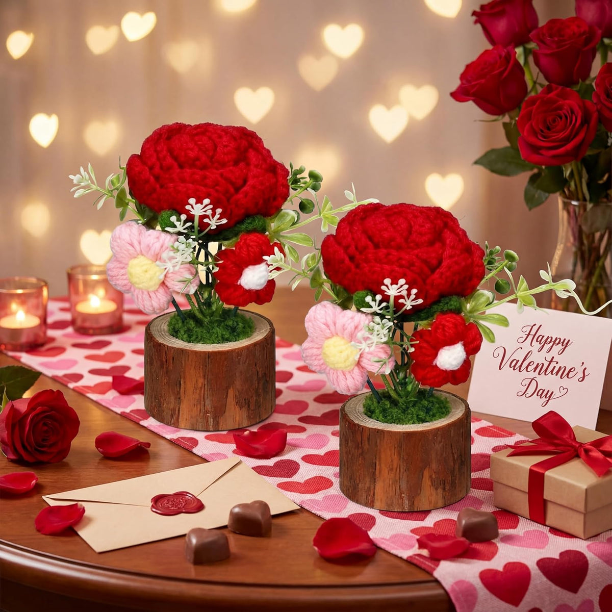 2 Pcs Valentine'S Day Decorations Artificial Potted Flower For Valentines Table Decor Handmade Crochet Rose Bouquet Knitted Creative Potted Plant Thank You Gifts For Valentine'S Day