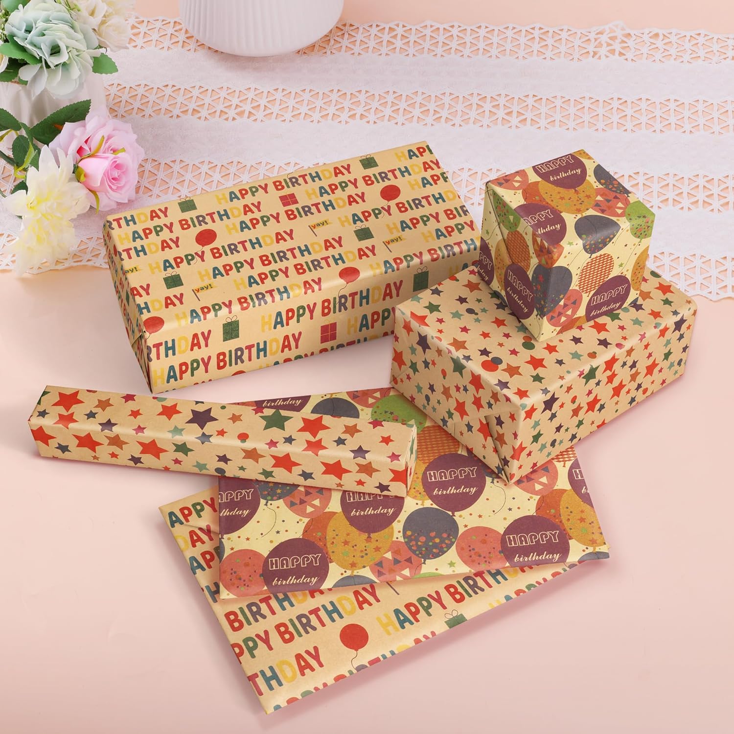 Brown Birthday Kraft Wrapping Paper Roll, Balloons Stars Happy Birthday Lettering For Kids Girl Boy, Perfect For Birthday Party, Baby Shower, 3 Rolls, 17 Inch X 9.8 Feet Per Roll