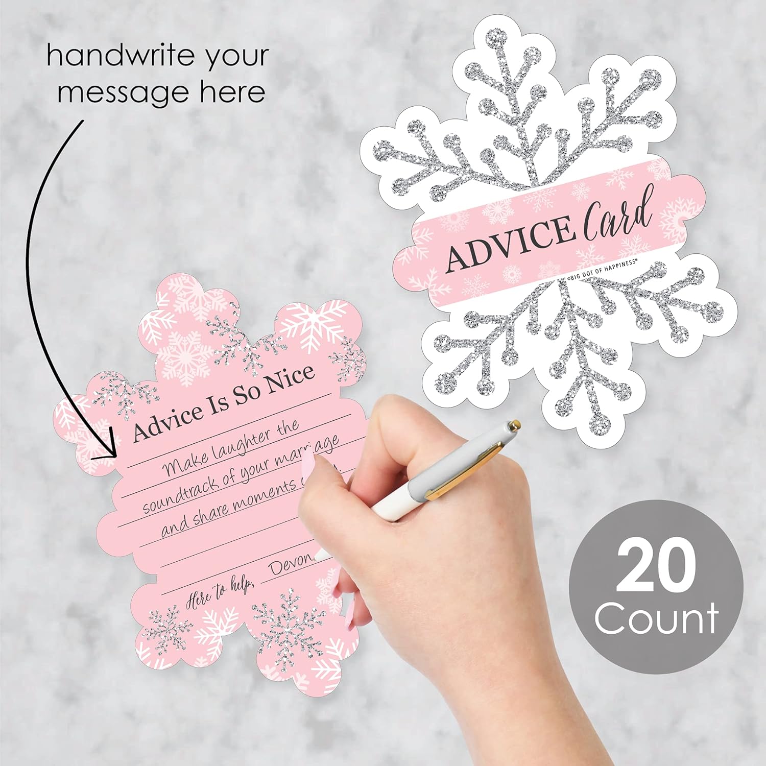 Big Dot of Happiness Pink Winter Wonderland - Wish Card Holiday Snowflake Birthday Party and Baby Shower Activities - Shaped Advice Cards Game - Set of 20
