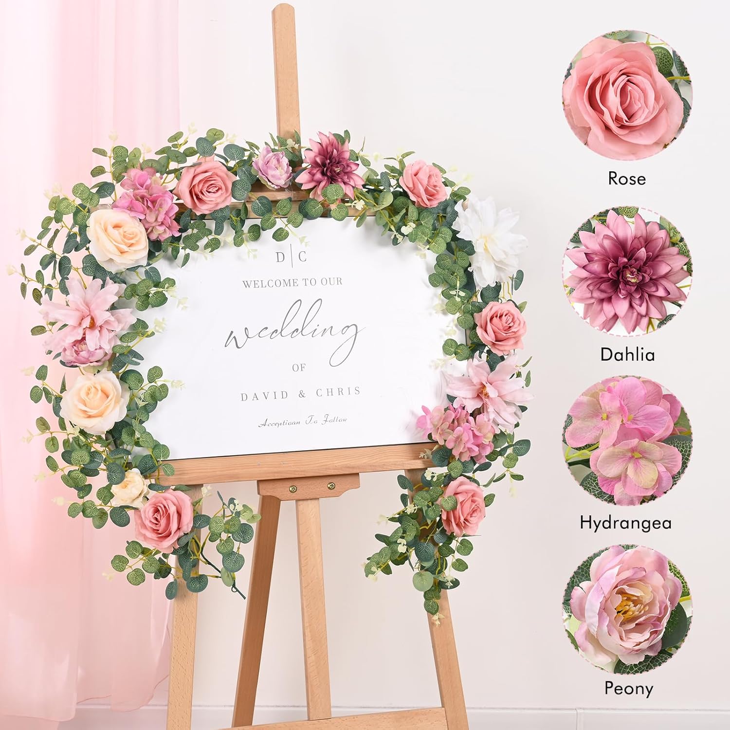 Flower Garland Decorations, 6.07Ft Pink Floral Rose Garland, Artificial Eucalyptus Greenery Vines With Flowers For Wedding Table Runner Centerpieces Backdrop Room Decor (Pink)